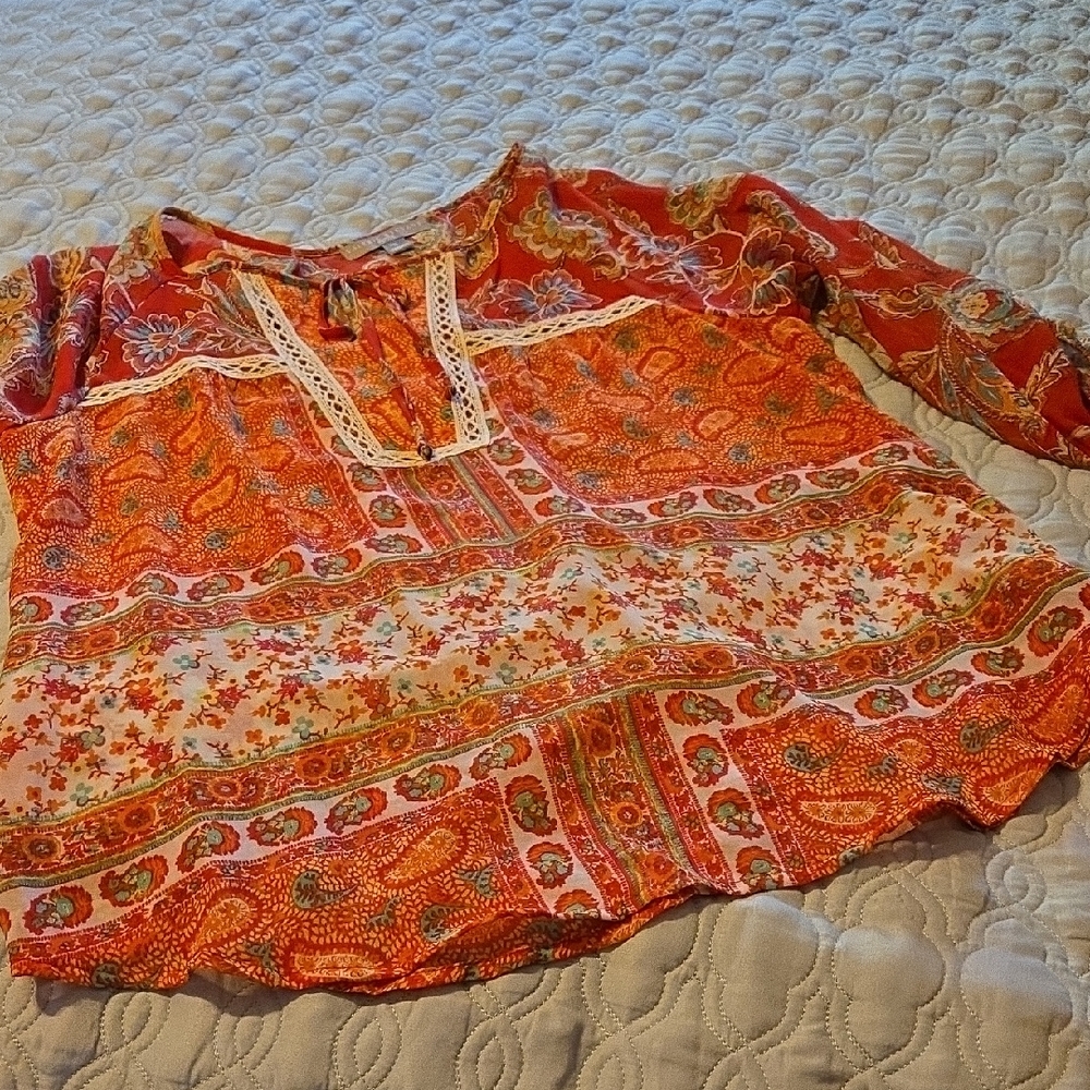 Floral Bohemian Women's Sheer Top - Red and Orange
